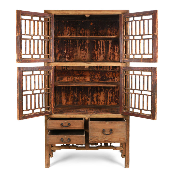 Open Detail from a Antique Chinese Lattice Kitchen Cabinet From Shanghai | Bleached Pine Wood | Indigo Antiques