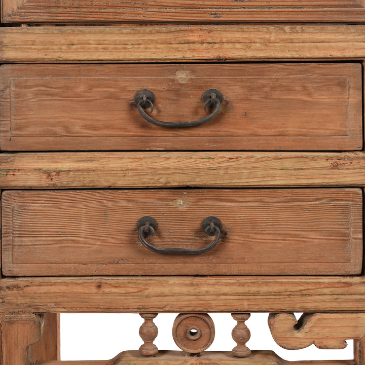 Pine wood detailing from an Antique Chinese Lattice Kitchen Cabinet From Shanghai | Bleached Pine Wood | Indigo Antiques