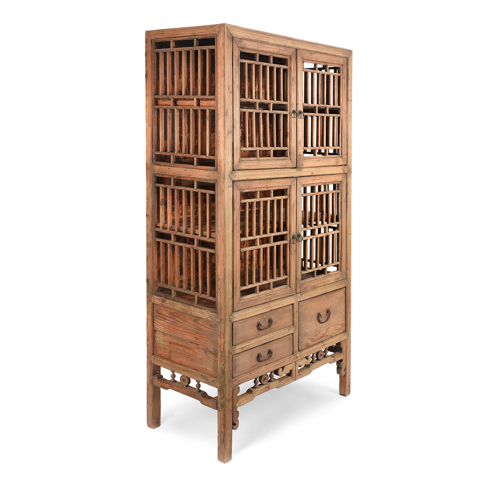 Antique Chinese Lattice Kitchen Cabinet From Shanghai | Bleached Pine Wood | Indigo Antiques
