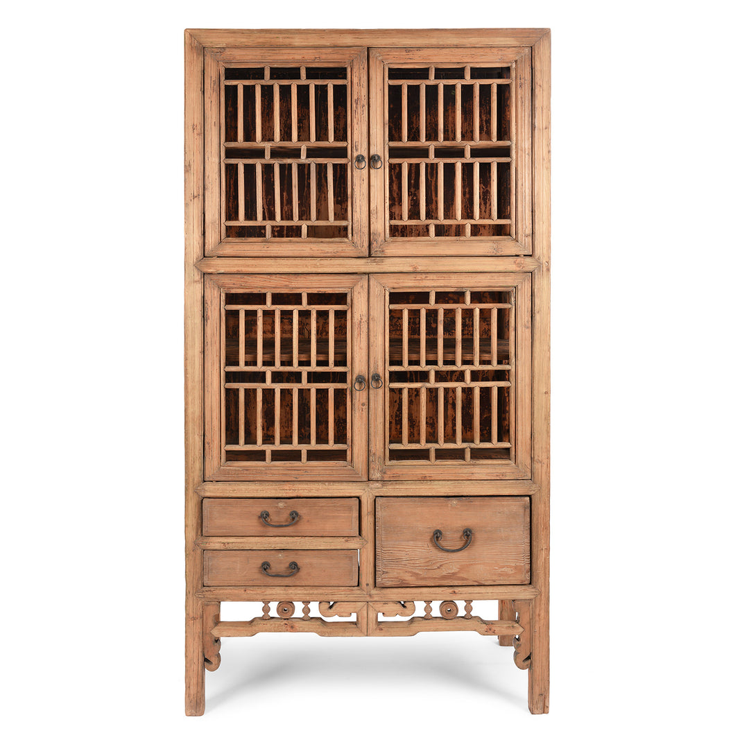 Antique Chinese Lattice Kitchen Cabinet From Shanghai | Bleached Pine Wood.  | Indigo Antiques