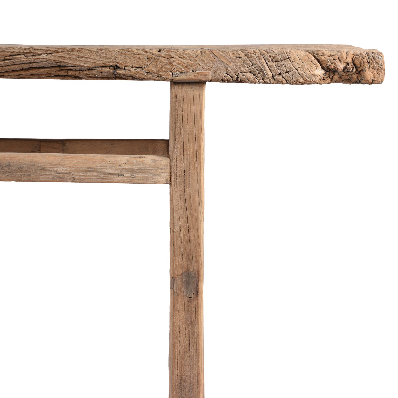 End Detail From Bleached Farmhouse Console Table Made From Reclaimed Elm | Indigo Antiques