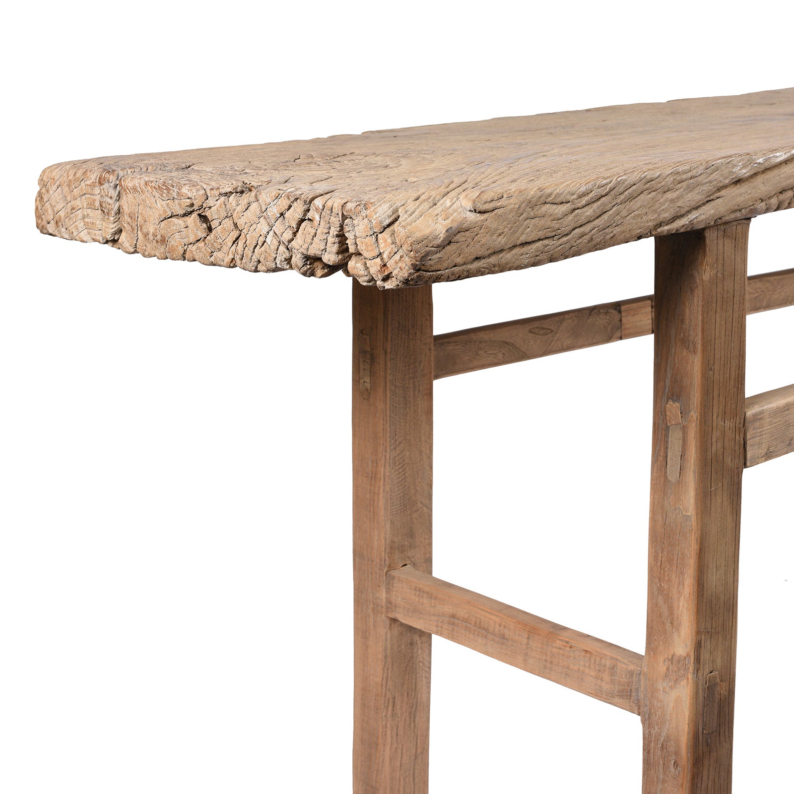 End Detail From Bleached Farmhouse Console Table Made From Reclaimed Elm | Indigo Antiques
