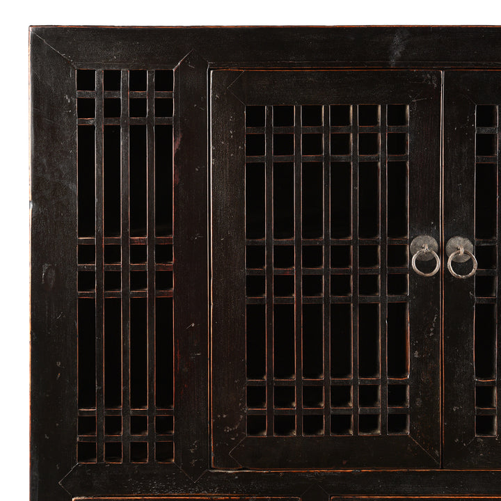 Corner Detail From Antique Black Lacquer Noodle Cabinet From Tianjin - 19th Century | Indigo Antiques