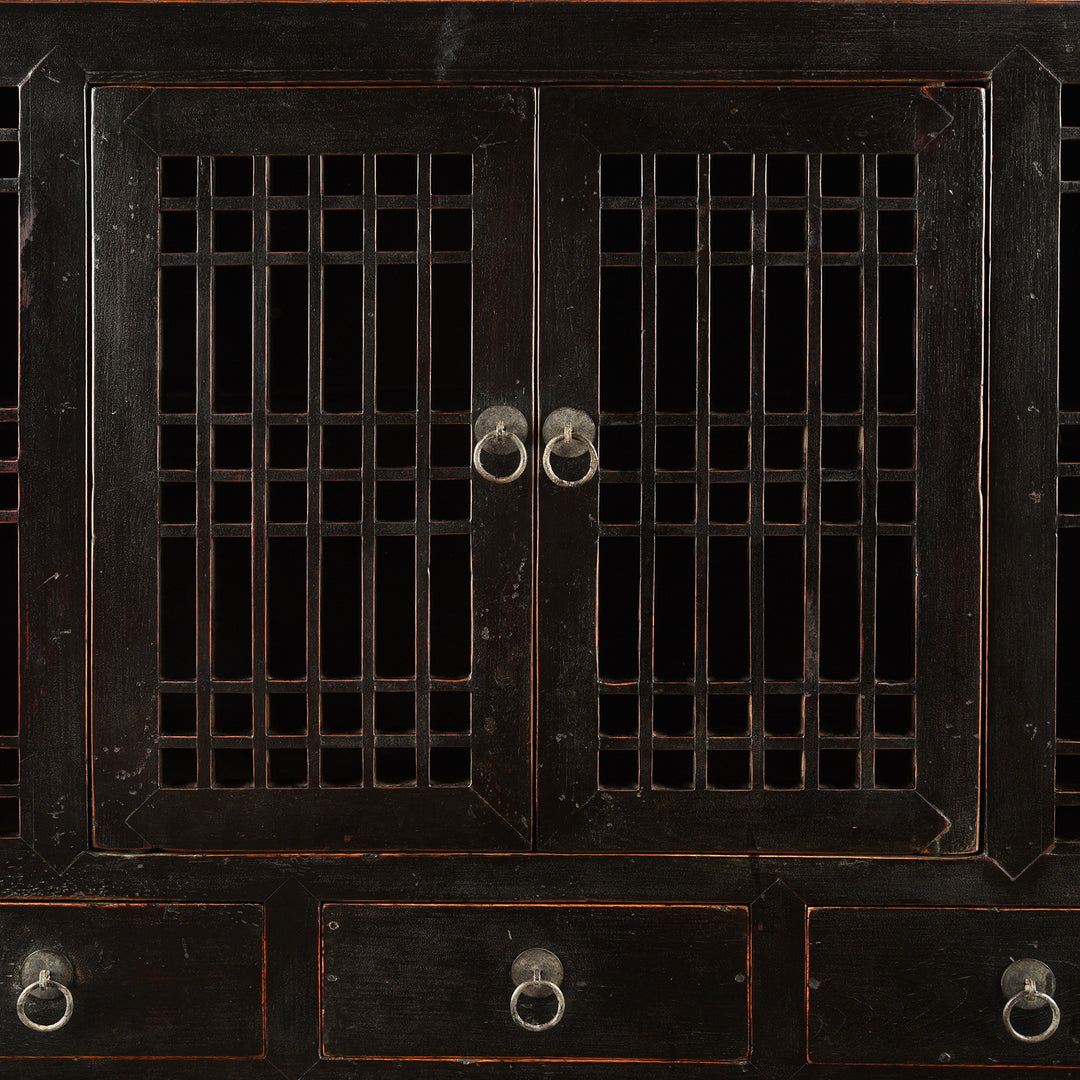 Lattice Door View Antique Black Lacquer Noodle Cabinet From Tianjin - 19th Century | Indigo Antiques