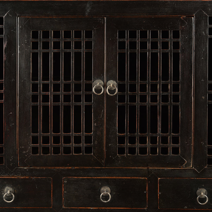 Lattice Door View Antique Black Lacquer Noodle Cabinet From Tianjin - 19th Century | Indigo Antiques