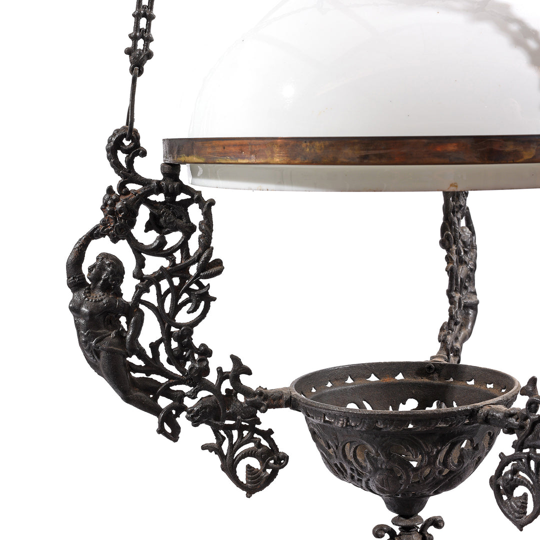 Metalwork Detail From Colonial Cast Iron Rise and Fall Storm Lamp - 19thC | Indigo Antiques