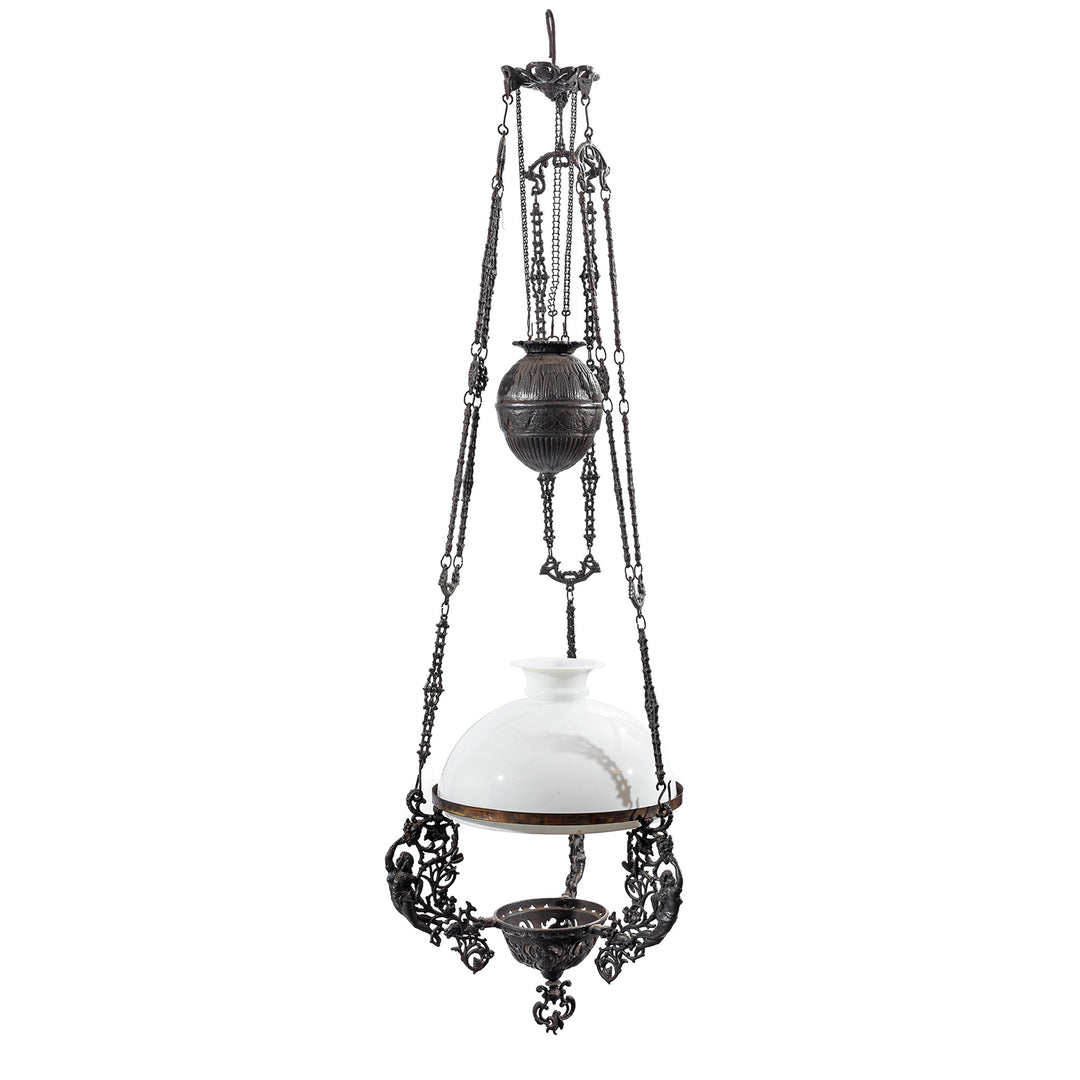 Colonial Cast Iron Rise and Fall Storm Lamp - 19thC | Indigo Antiques