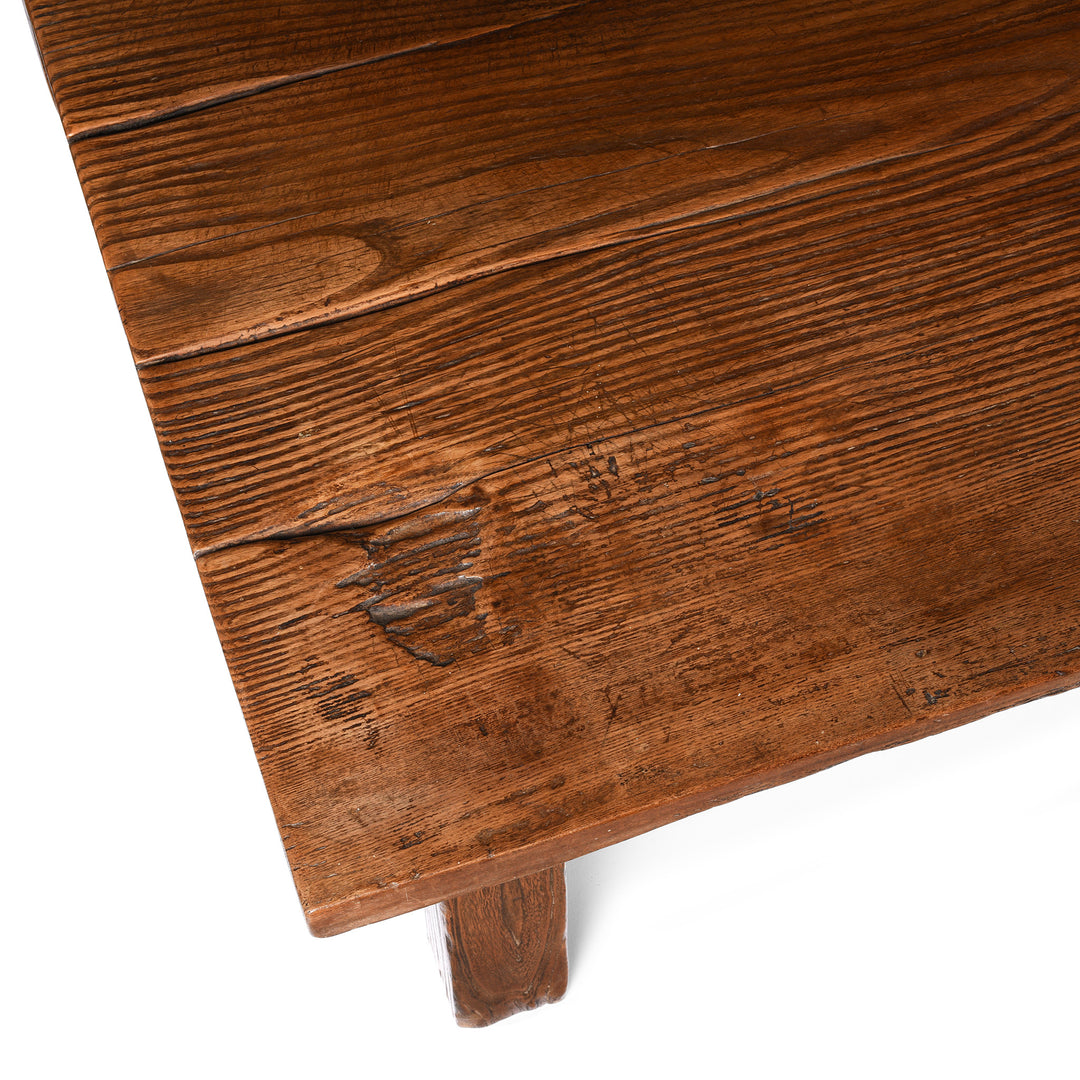 Corner Detail From Antique Elm Single Plank Coffee Table - 19thC | Indigo Antiques