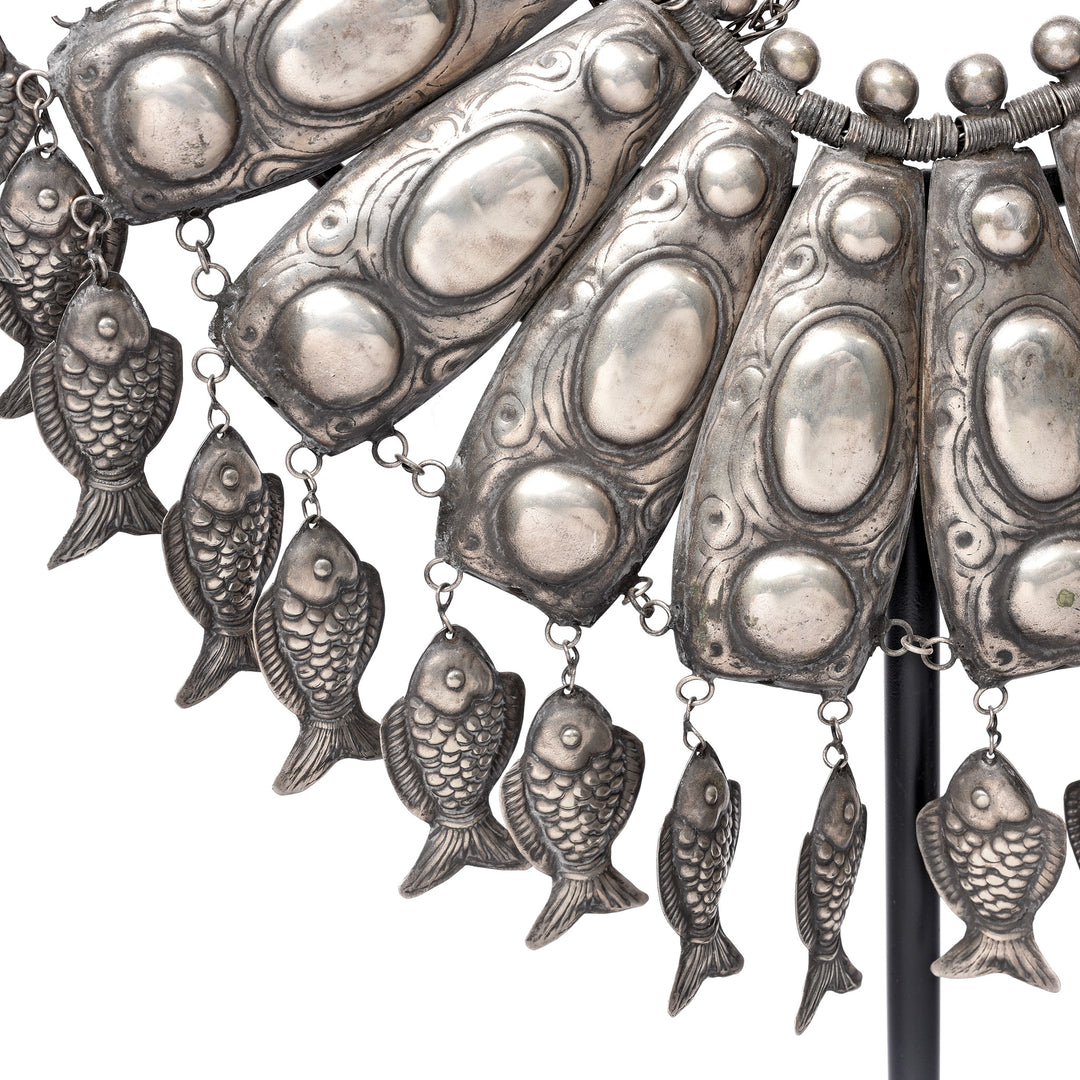 Fish Detail Of Miao Tribal  White Metal  Necklace on Iron Stand | Indigo Antiques