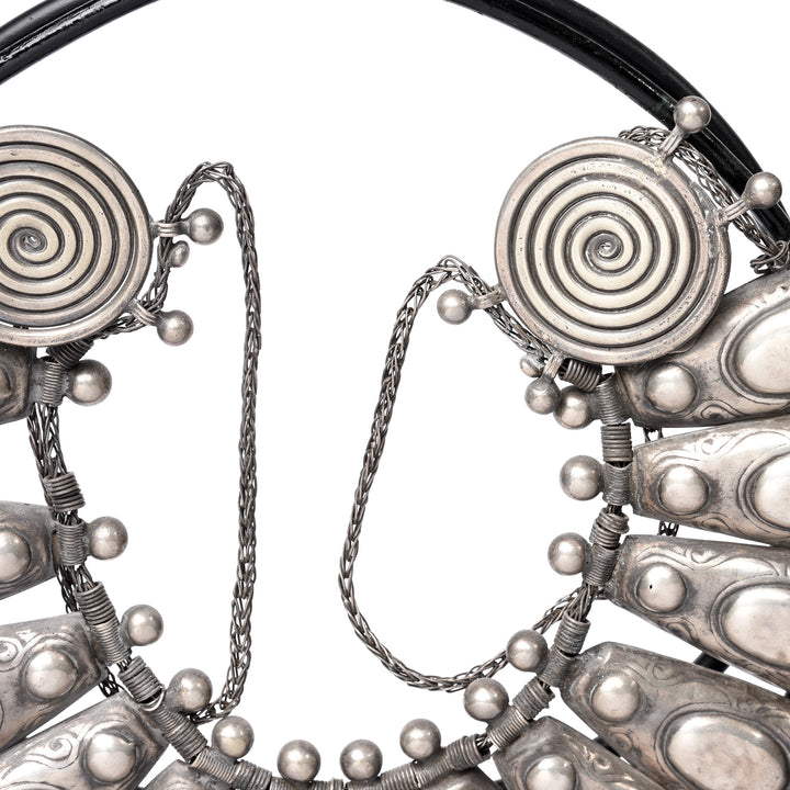 Detail Of Miao Tribal  White Metal  Necklace on Iron Stand | Indigo Antiques