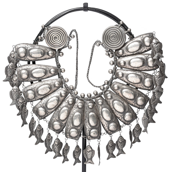 Miao Tribal White Metal Necklace on Iron Stand