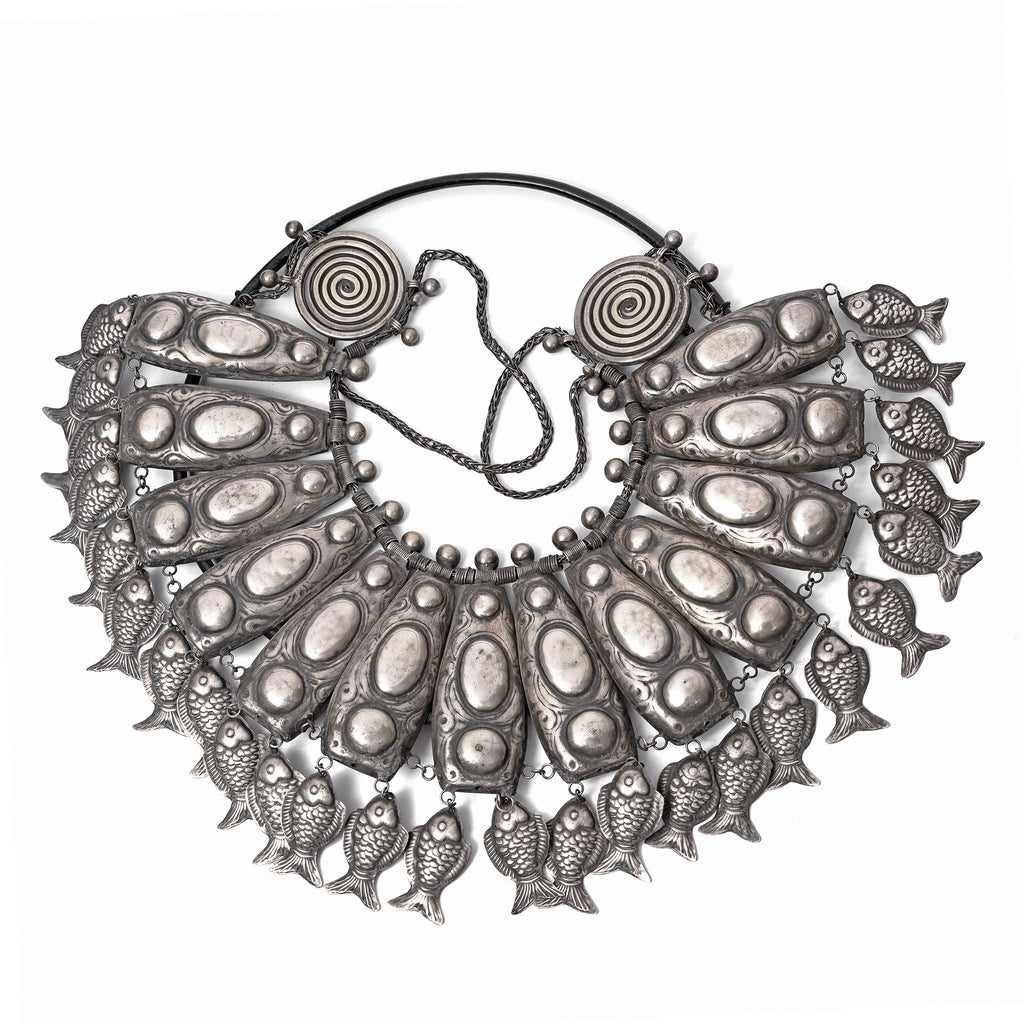 Miao Tribal White Metal Necklace on Iron Stand