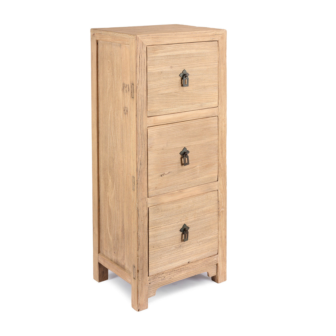 Angled View Of 3 Drawer Tallboy Made From Old Sunbleached Elm | Indigo Antiques