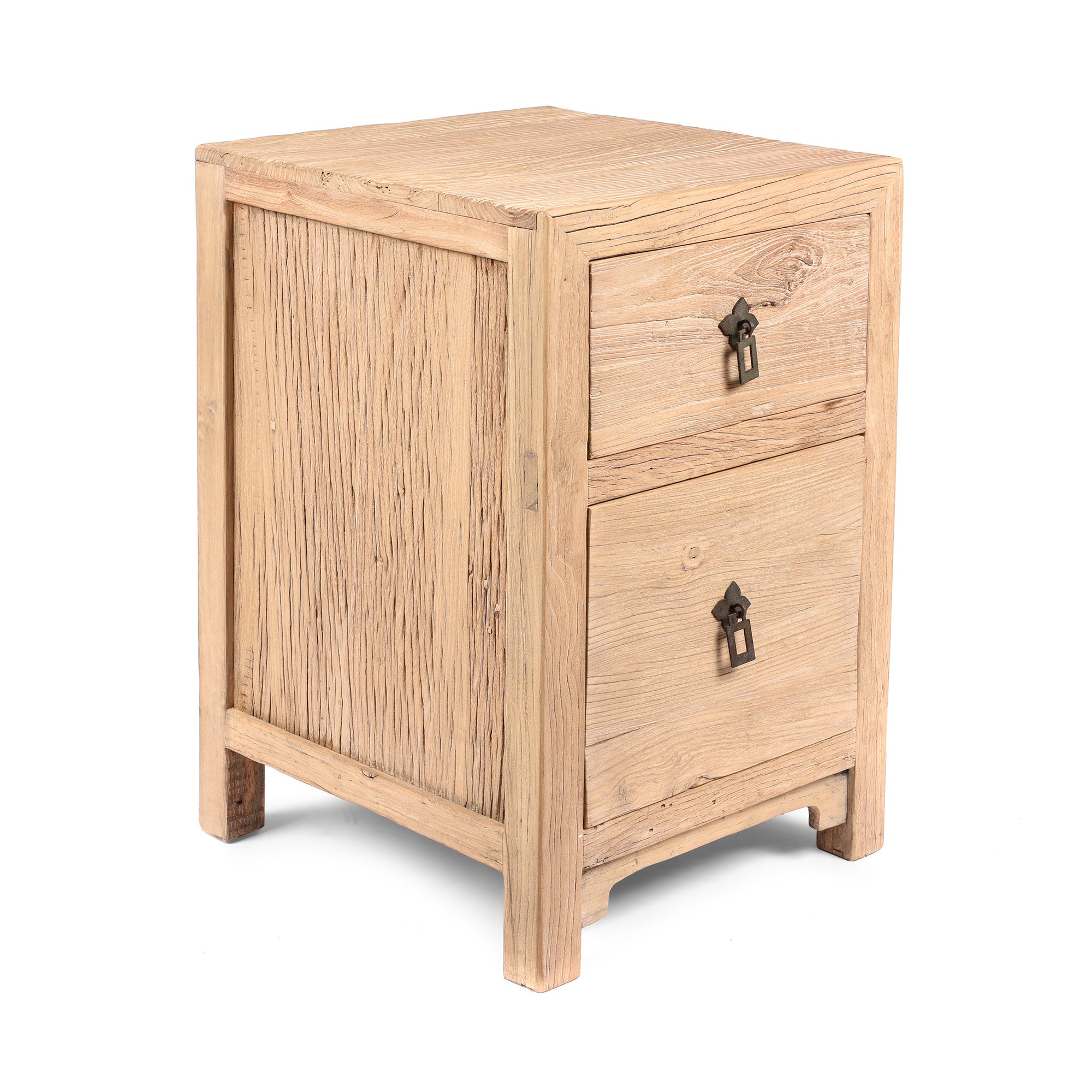 Angled View Of 2 Drawer Bedside Cabinet Made From Old Sunbleached Elm | Indigo Antiques