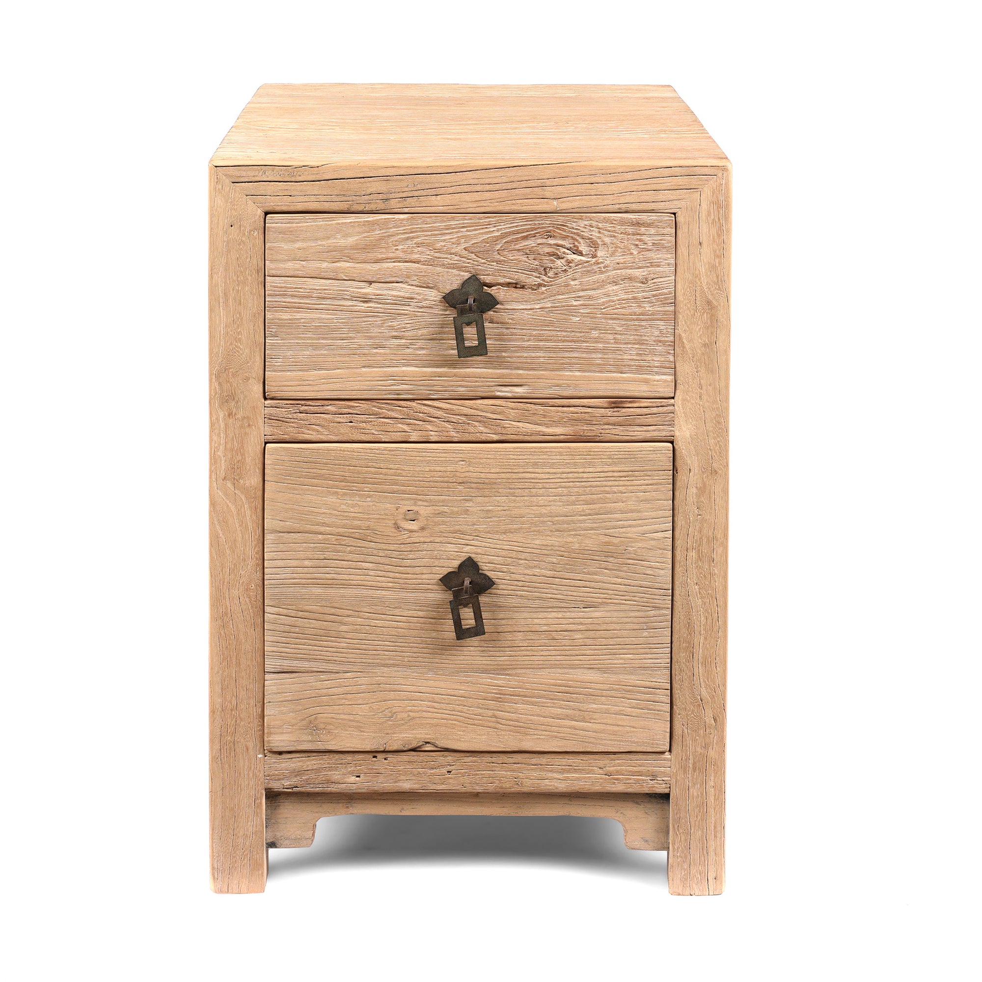 Angled View Of 2 Drawer Bedside Cabinet Made From Old Sunbleached Elm | Indigo Antiques