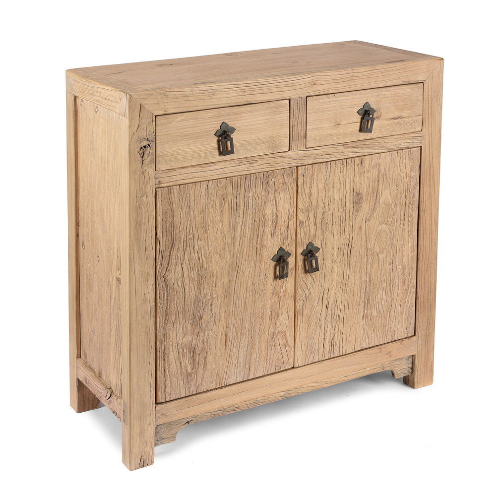 Angled View Of 2 Drawer 2 Door Cabinet Made From Old Sunbleached Elm | Indigo Antiques