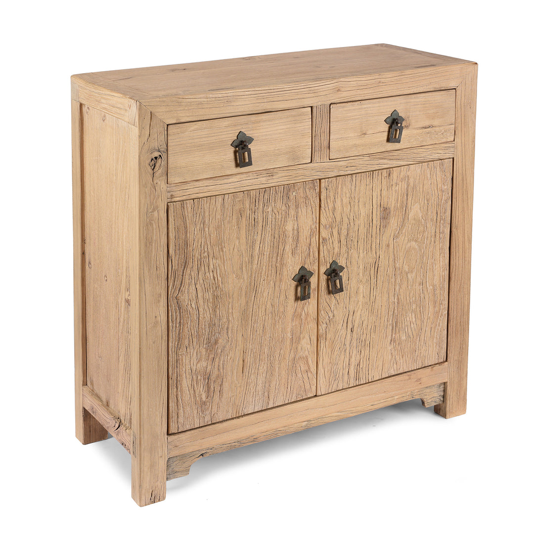 Angled View Of 2 Drawer 2 Door Cabinet Made From Old Sunbleached Elm | Indigo Antiques