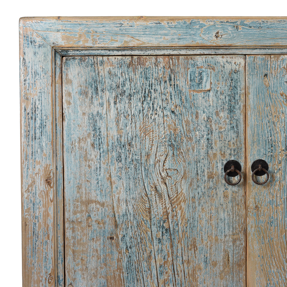 Corner Detail From Blue Painted 4 Door Sideboard Made From Reclaimed Pine | Indigo Antiques