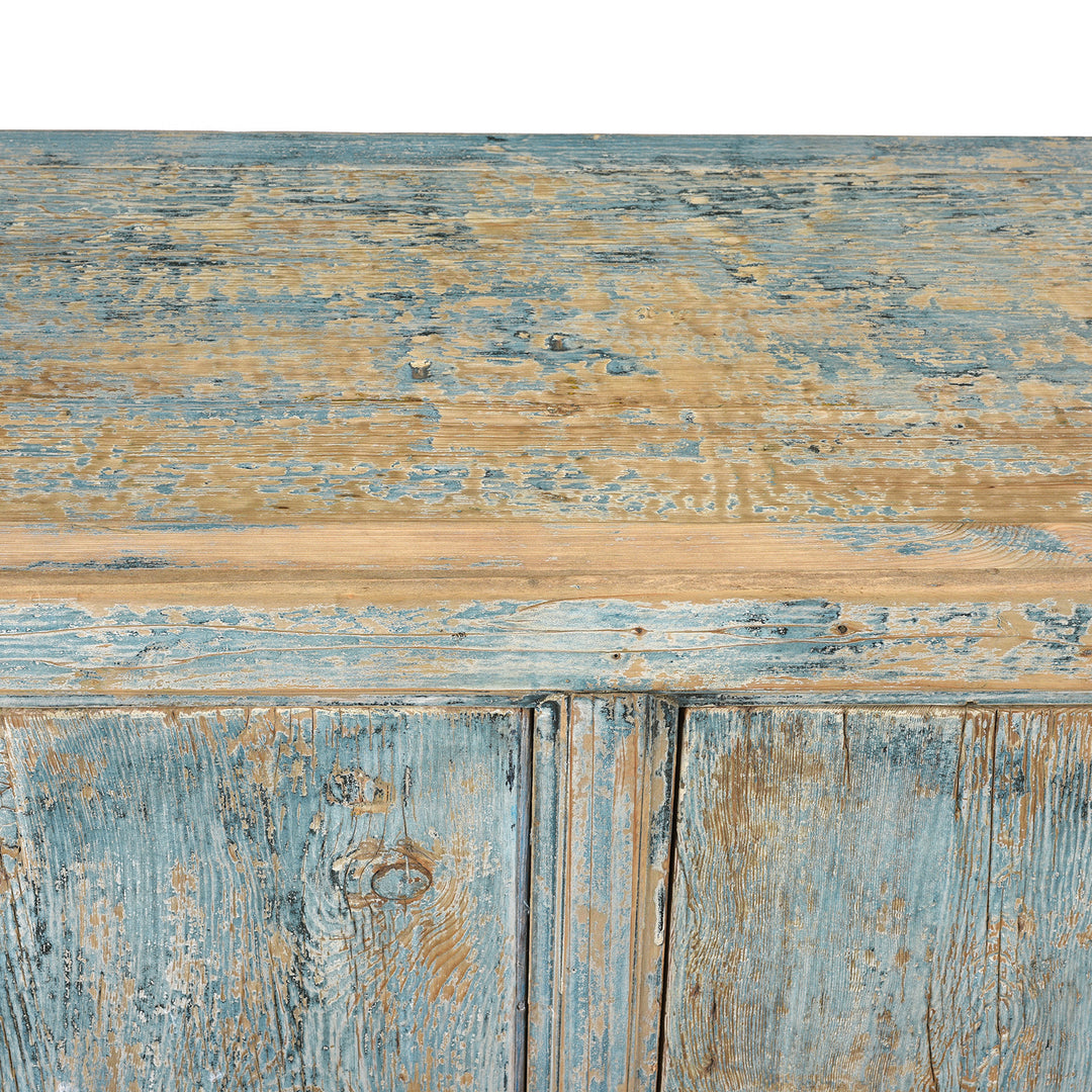 Surface Top Detail From Blue Painted 4 Door Sideboard Made From Reclaimed Pine | Indigo Antiques