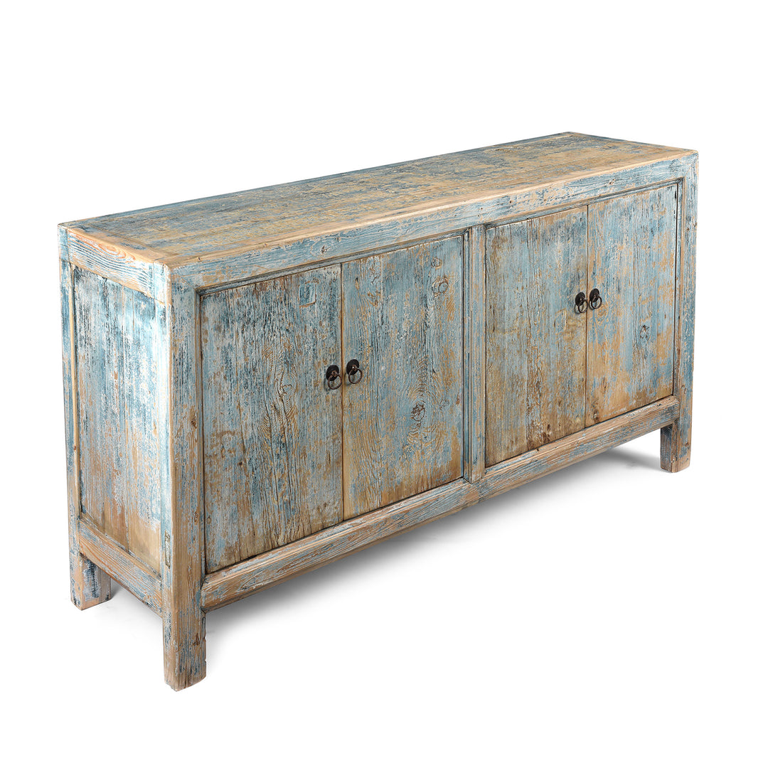 Angled View Of Blue Painted 4 Door Sideboard Made From Reclaimed Pine | Indigo Antiques