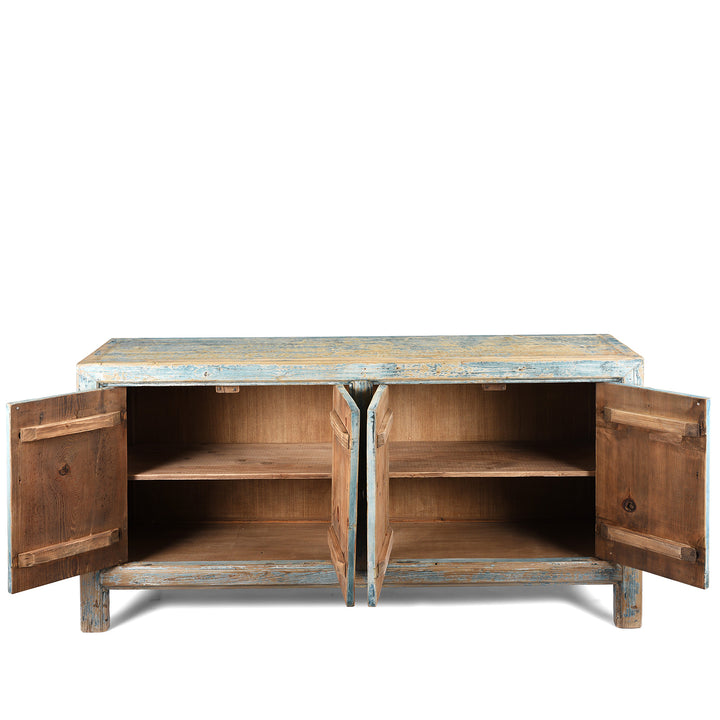 Open Doors View Of Blue Painted 4 Door Sideboard Made From Reclaimed Pine | Indigo Antiques