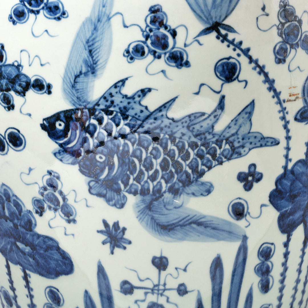 Fish Design From Blue & White Hand Painted  Porcelain Stool - Fish Design | Indigo Antiques