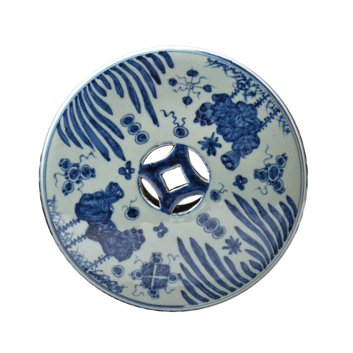 Top Of Blue & White Hand Painted  Porcelain Seat - Fish Design | Indigo Antiques