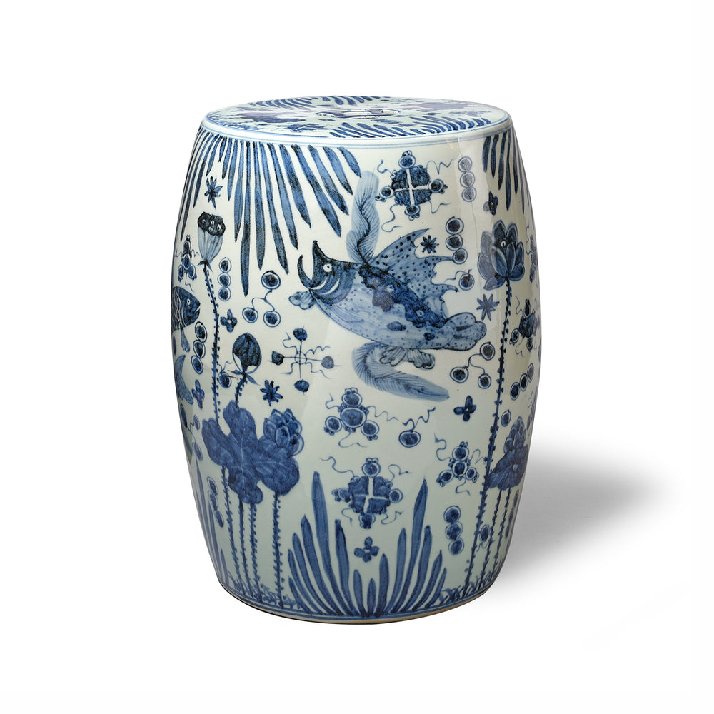 Blue & White Hand Painted  Porcelain Stool - Fish Design | Indigo Antiques