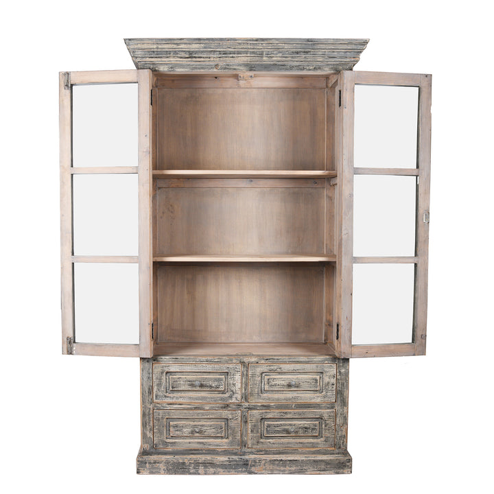 Open Doors View Of Glazed Painted Display Cabinet Made From Old Pine | Indigo Antiques