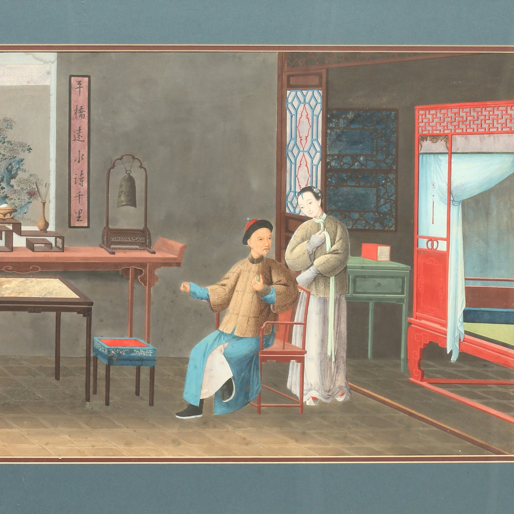 Chinese pith painting of an Chinese altar table, console table and bed | Indigo Antiques
