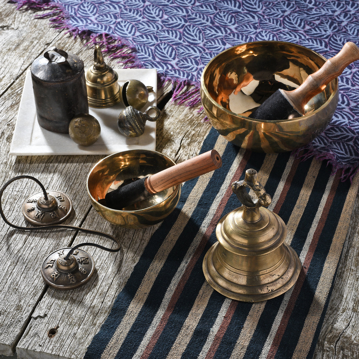 Tibetan Singing Bowl -  30cm With Beater &amp; Bells &amp; Cymbals | Indigo Antiques
