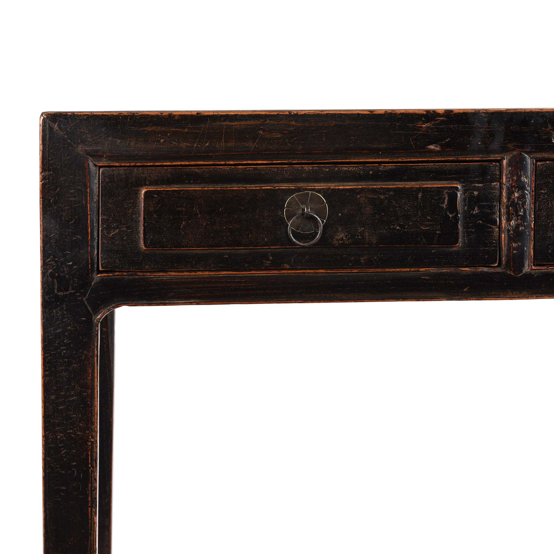 Corner Detail From Black Lacquered Elm Scholars Desk From Shanxi - 19thC | Indigo Antiques