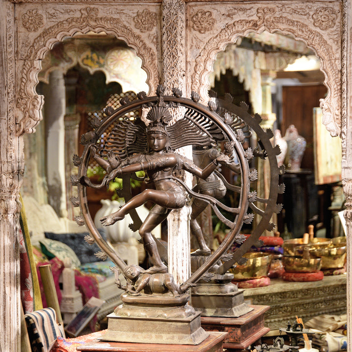 Indian Double Arch Mirror & Chola Style Shiva Nataraj Statue | Indigo Antiques