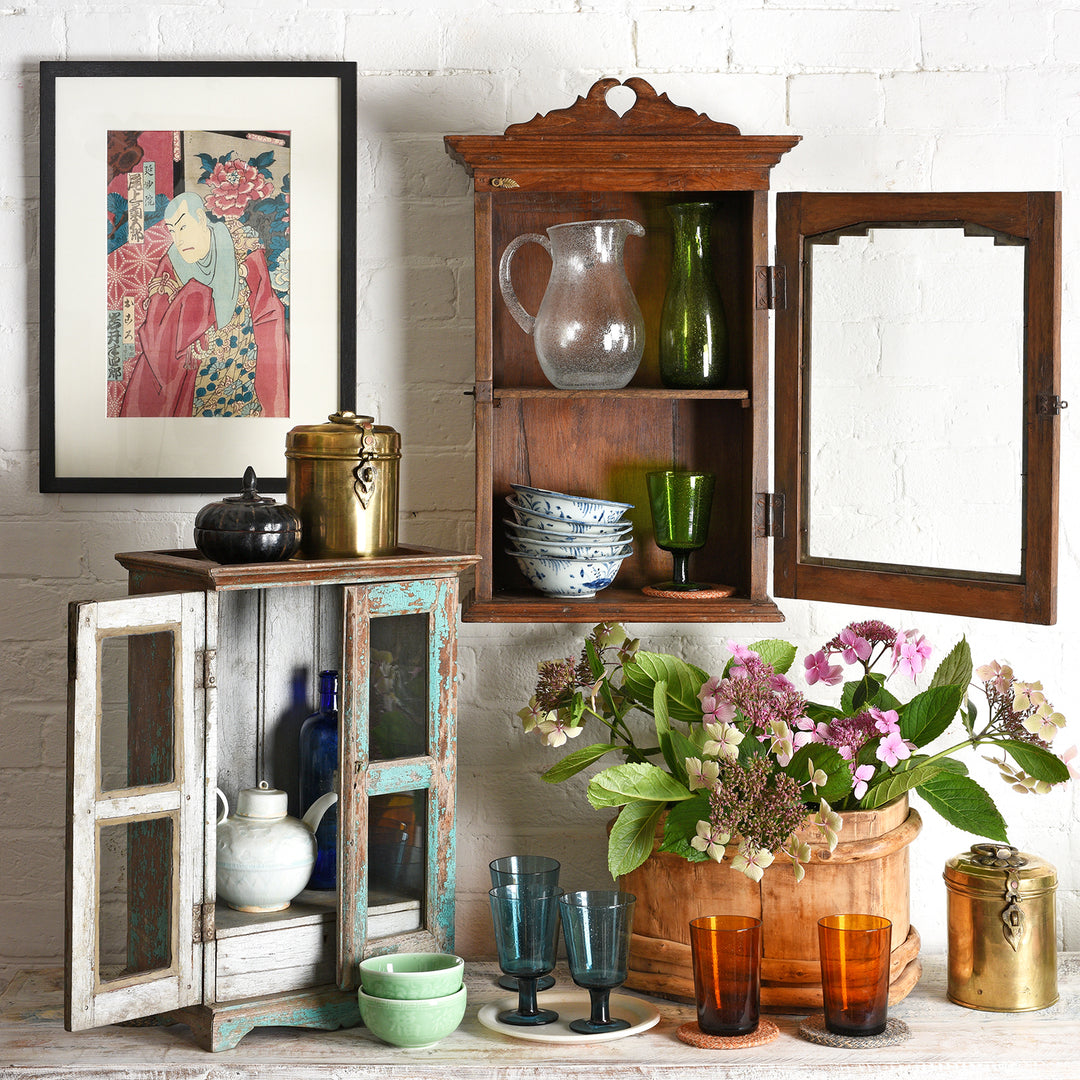 Painted Teak Glazed Wall Cabinet - Ca 1930