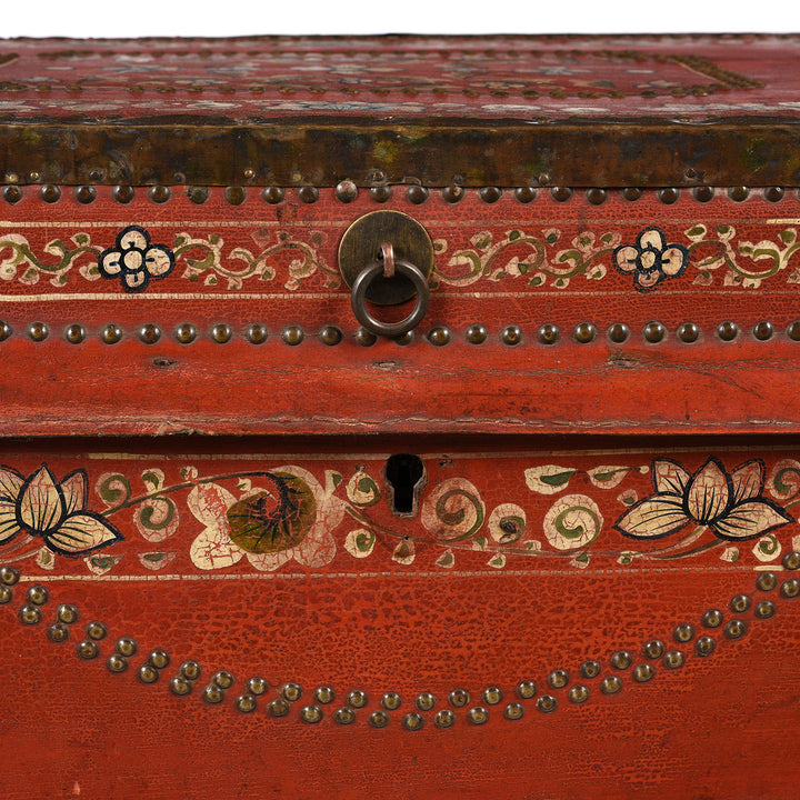 Lock Detail From Painted Red Leather Camphor Trunk - Early 19thC | INDIGO ANTIQUES