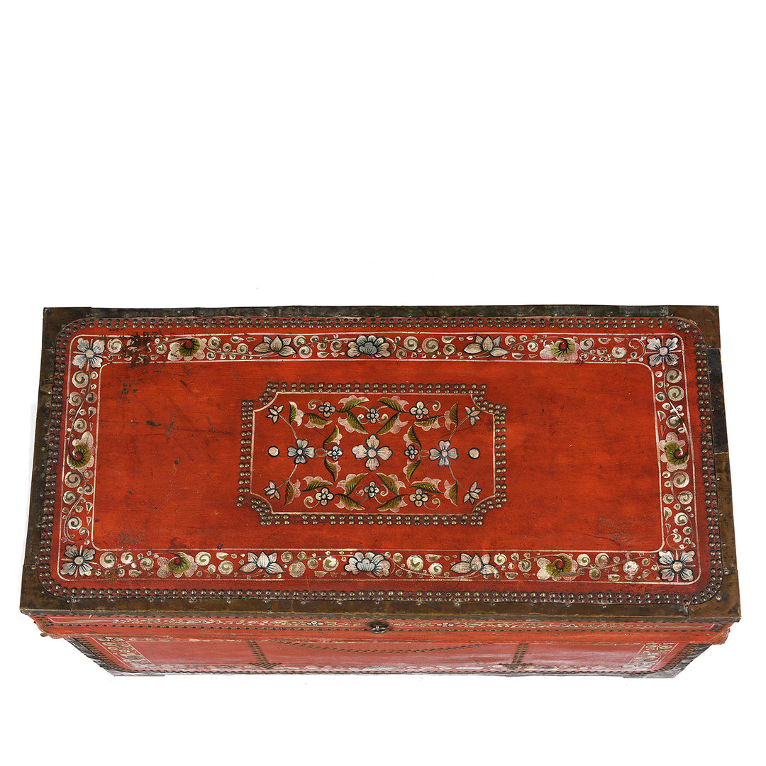 Top Down View Of Painted Red Leather Camphor Trunk - Early 19thC | INDIGO ANTIQUES