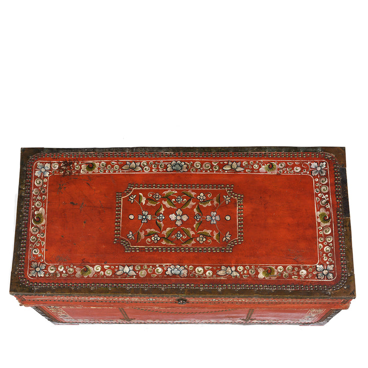 Top Down View Of Painted Red Leather Camphor Trunk - Early 19thC | INDIGO ANTIQUES