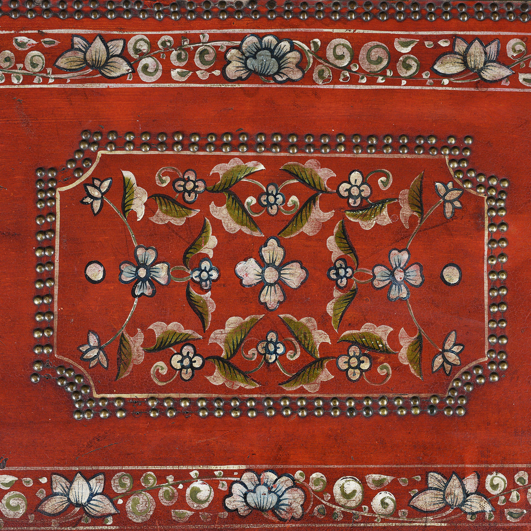 Paintwork Detail From Painted Red Leather Camphor Trunk - Early 19thC | INDIGO ANTIQUES