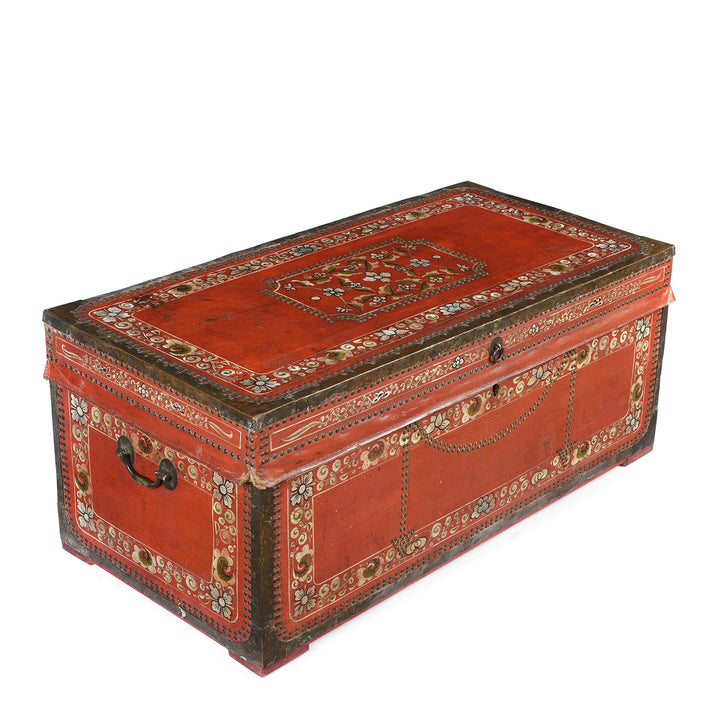 Angled View Of Painted Red Leather Camphor Trunk - Early 19thC | INDIGO ANTIQUES