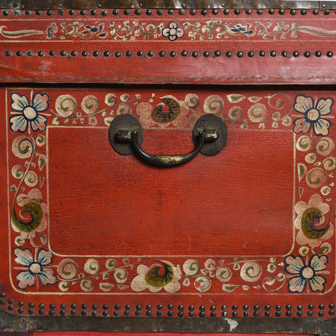 Handle Detail From Painted Red Leather Camphor Trunk - Early 19thC | INDIGO ANTIQUES