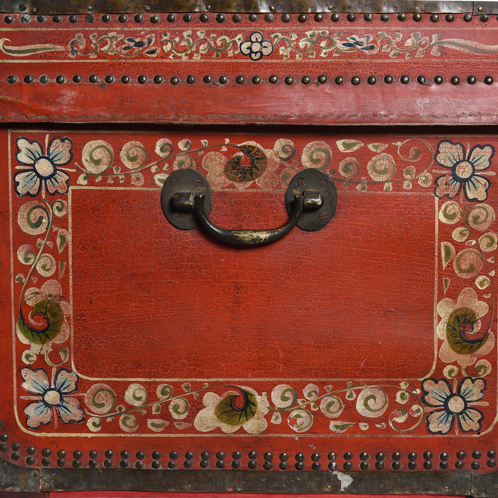 Handle Detail From Painted Red Leather Camphor Trunk - Early 19thC | INDIGO ANTIQUES