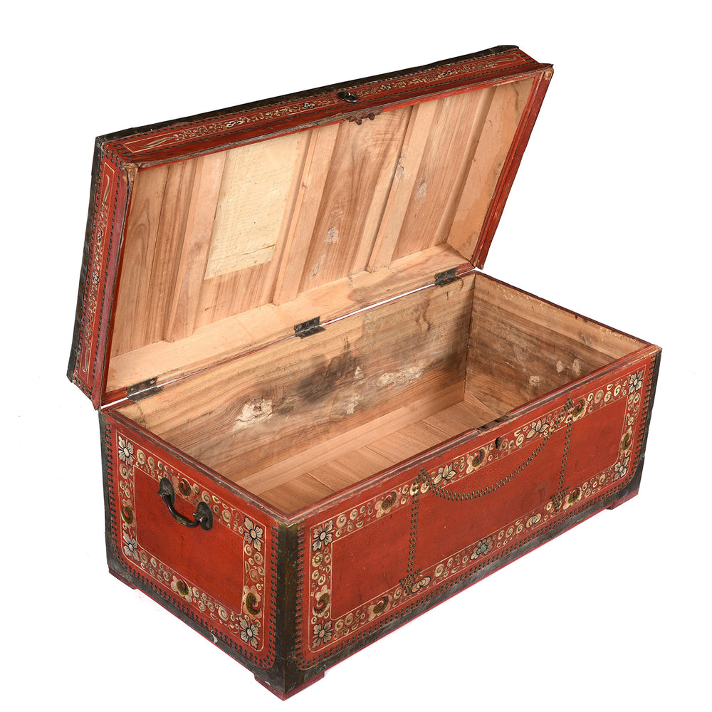 Interior Of Painted Red Leather Camphor Trunk - Early 19thC | INDIGO ANTIQUES