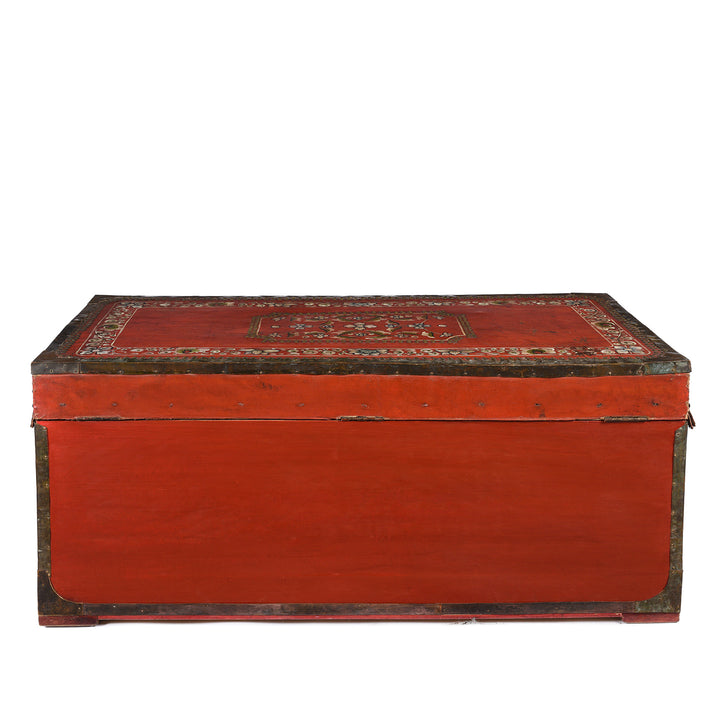 Reverse Of Painted Red Leather Camphor Trunk - Early 19thC | INDIGO ANTIQUES
