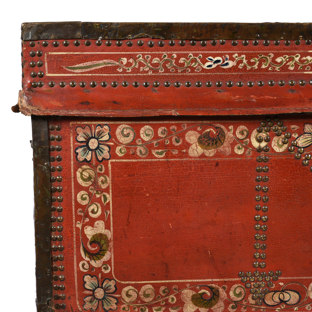 Corner Detail From Painted Red Leather Camphor Trunk - Early 19thC | INDIGO ANTIQUES