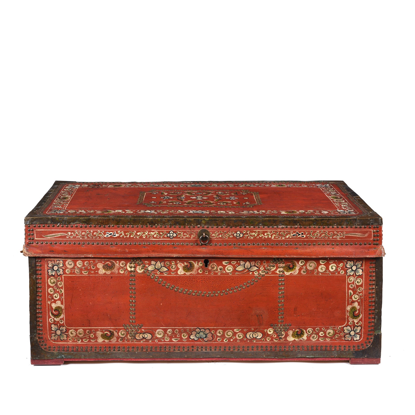 Painted Red Leather Camphor Trunk - Early 19thC | INDIGO ANTIQUES