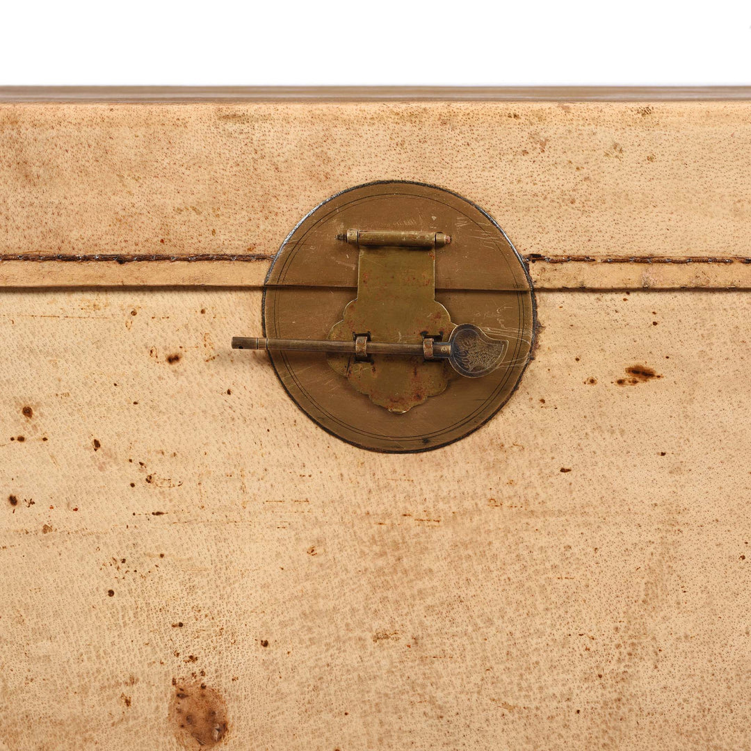 Latch Detail From Pale Leather Trunk from Shanghai - Circa 1920 | Indigo Antiques