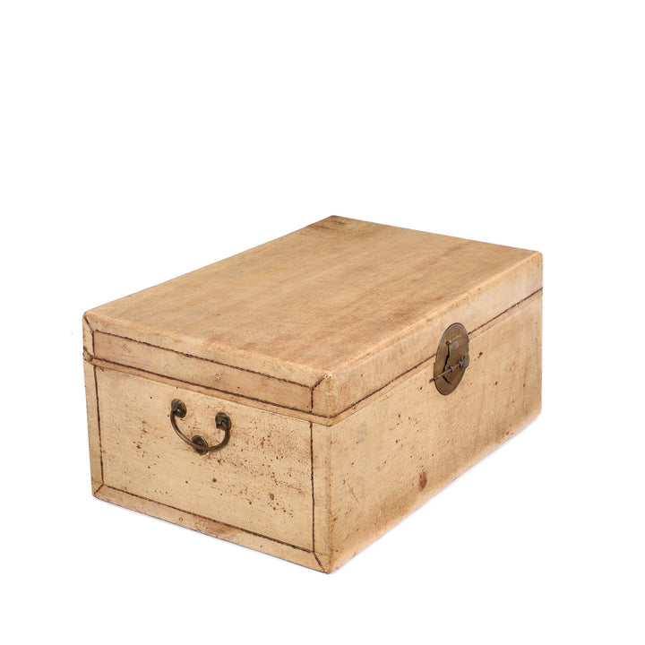 ANgled View Of Pale Leather Trunk from Shanghai - Circa 1920 | Indigo Antiques