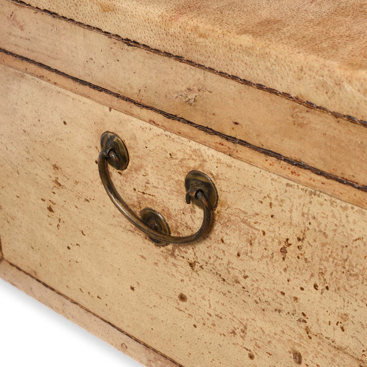 Handle View Of Pale Leather Trunk from Shanghai - Circa 1920 | Indigo Antiques