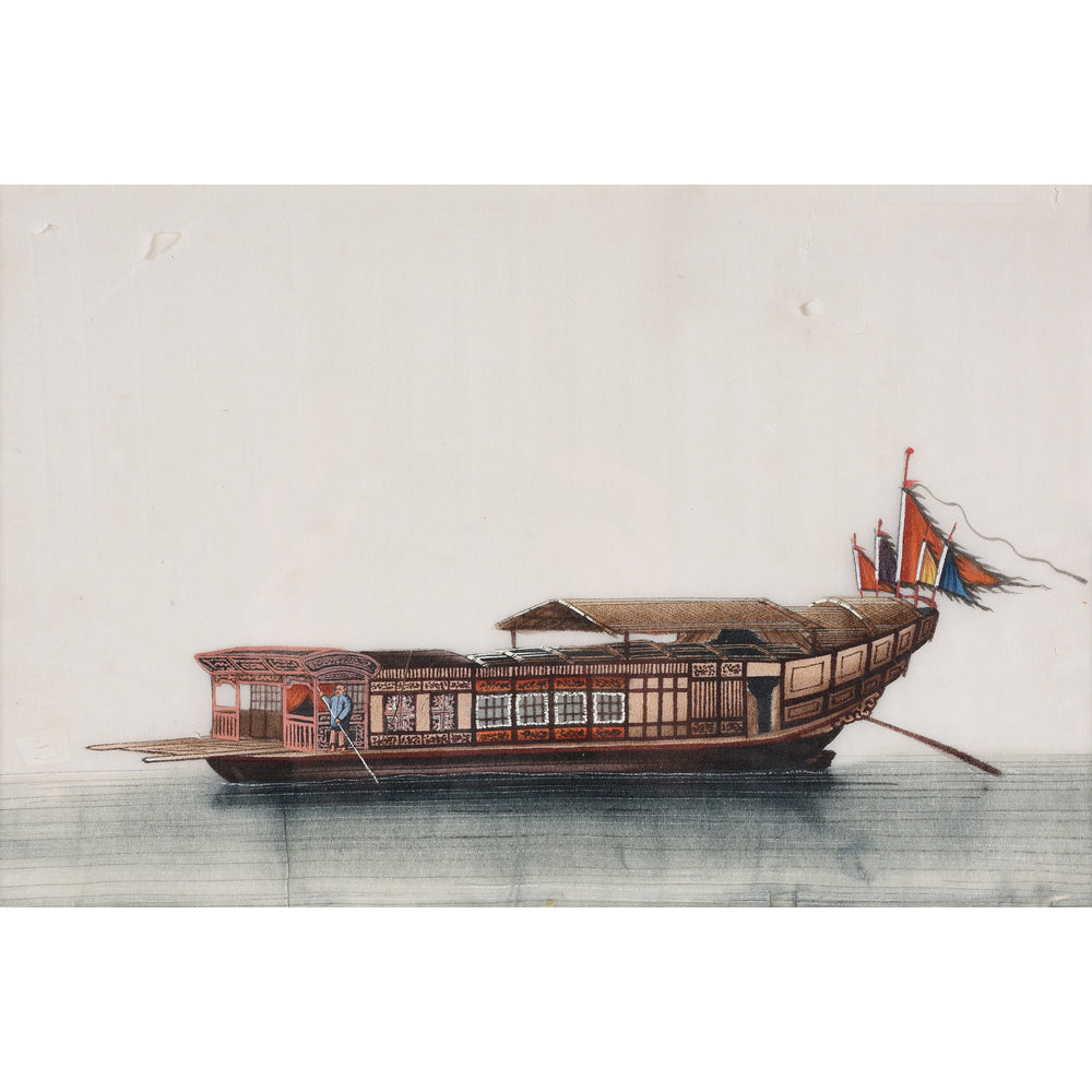 Framed Chinese Pith Painting of a Pleasure Boat - Late 19thC I Indigo Antiques