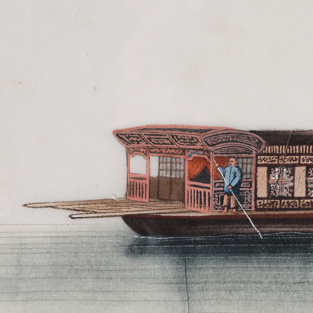 Detail From Framed Chinese Pith Painting of a Pleasure Boat - Late 19thC I Indigo Antiques